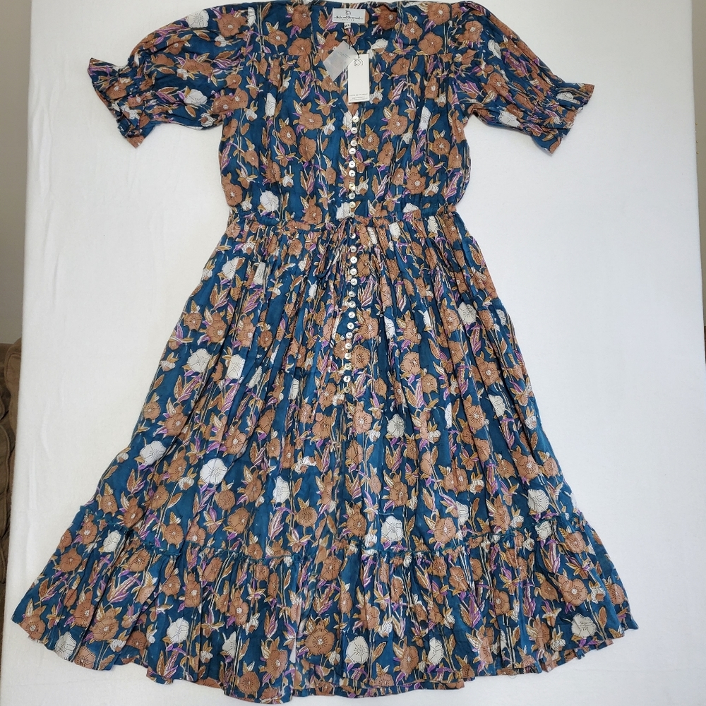 Fox and the Mermaid Emerie Maxi Dress Cottagecore Shell Buttons Puff Sleeves NWT